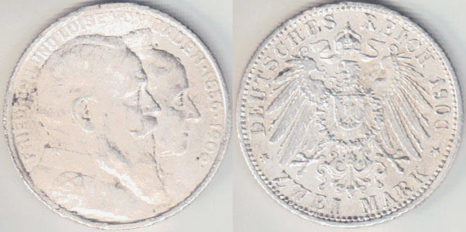 1906 Germany Baden silver 2 Mark (Golden Wedding) A001734